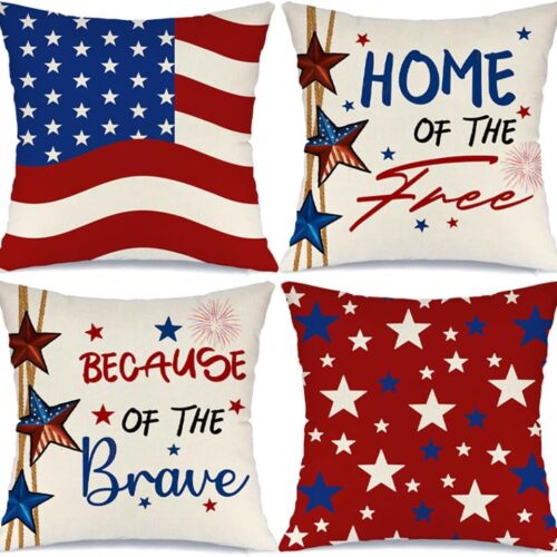 4th of July Pillow Covers 18x18 Set of 4 America Flag Stars Independence Day Decorations Home of The Free Memorial Day Patriotic Throw Cushion Case for Home Sofa Couch