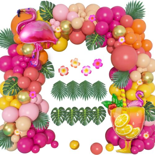 178Pcs Tropical Balloons Arch Garland Kit, Luau Tropical Party Decorations with Aloha Pineapple Coconut Hot Pink Aqua Blue Balloons & Palm Leaves for Hawaiian Summer Birthday Supplies