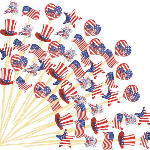 240 Pcs 4th of July Toothpick Patriotic Cocktail Picks American Flag Cupcake Topper 4.72 Inch Bamboo Fruit Sticks for Independence Day USA Party Favors Decorations Supplies, 6 Styles