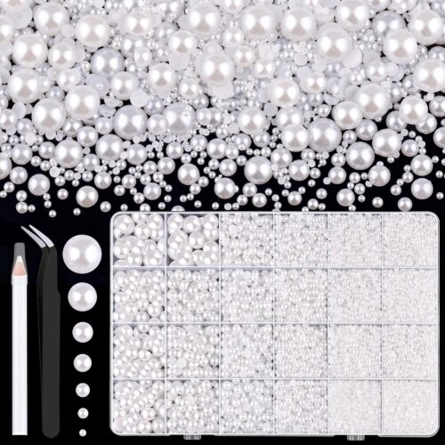 13000Pcs Flatback Pearls for Crafting (White), Assorted Size 2/3/4/5/6/8/10mm Non Hotfix Half Pearl, Bedazzling Bead for DIY Crafts Clothing Tumblers Mugs Shoes Fabric Embellishment Nail Art Makeup