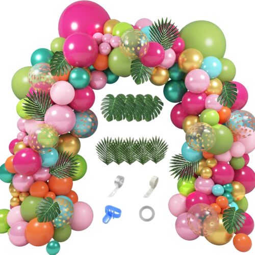 158Pcs Tropical Balloon Arch Garland Kit, Hawaiian Luau Aloha Flamingo Party Decorations Olive Green Hot Pink Orange Rose Gold Confetti Balloons Palm Leaves Birthday Baby Shower Summer Beach Supplies