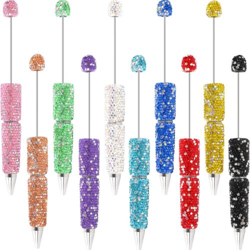 10Pcs Glitter Beadable Pen Full Rhinestone Plastic Bead Ballpoint Pen Multicolor Fun Bling Retractable Beaded Writing Pen for DIY Craft Office Supplies