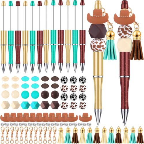 12 Pcs Plastic Beadable Pens Kits with Assorted Colors Bead Sets Beads 12 Tassels DIY Bulk Ballpoint Pen Easter Gift Black Ink for Women Students Office School(Cowboy)