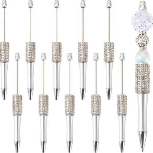 10pcs Diamond Beadable Pens, Bling Rhinestone Beaded Pens DIY Plastic Bead Pen Crystal Shaft Black Ink Ballpoint Pens for DIY Pens Decorations Supplies Gift Office School - Silver