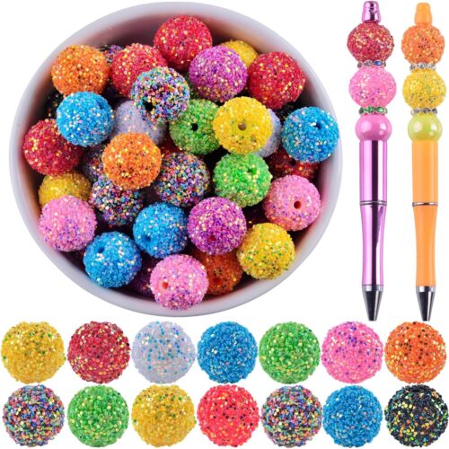 20mm Rhinestone Beads for Pens 20pcs Beaded Pens Beads Bling Glitter Suger Bugglegum Beads Large Balls Crystal Pen Beads for DIY Pens Keychain Making Suppliers Bulk (Suger Beads, 20mm)