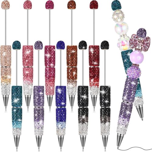 10 Pcs DIY Pens Making Kit Beads Glitter Beadable Pens Full Rhinestone Fancy Diamond Bling Kit for Craft Making with Thank You Cards(9 Colors,Gradient)