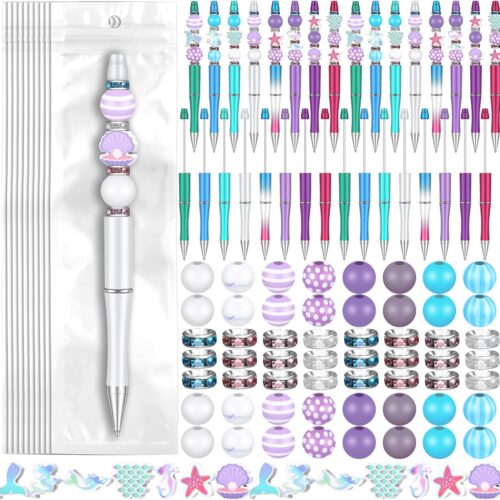 24 Sets Plastic Beadable Pens DIY Pens Making Kit Assorted Wood Beads Crystal Spacer Black Ink Ballpoint for Women Crafts Office Family Gifts(Mermaid)