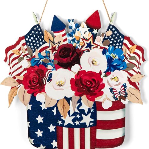 4th of July Decoration Wood Door Wall Signs, Wooden Mason Jar Wreaths Front Door Welcome Sign Patriotic Day Door Hanger Crafts for Independence Day Memorial Day Home Farmhouse Party Porch Wall Decor