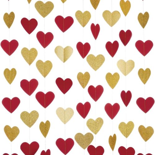 Gold Red Heart Paper Garland Love Heart String Hanging Decoration, 2'' in Diameter, 4 Strands
