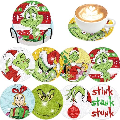8 Pcs Christmas Diamond Coasters Kits with Holder DIY Christmas Diamond Art Coaster Non