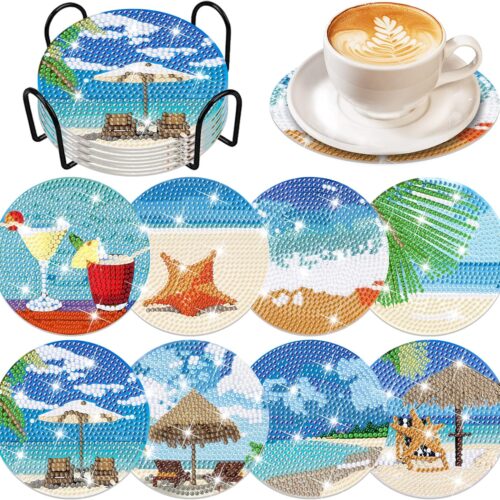 8 Pcs Beach Style Diamond Art Coasters Kits with Holder DIY Summer Diamond Art Kits for Beginners, Adults, Kids, Diamond Art Crafts Supplies