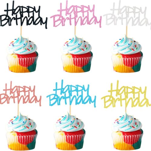 24pcs Happy Birthday Cupcake Toppers 6 Colors Mixed Cake Food Fruit Picks for Celebrating Birthday Party Decoration Supplies