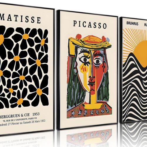 3 Pcs Picasso Matisse Bauhaus Wall Art Set Minimalist Geometric Canvas Paintings Orange Black Modern Minimalist Wall Decor Prints Posters Pictures Living Room Gallery Bedroom Decoration (Unframed,