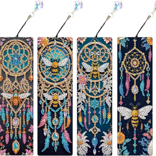 4pcs 5D Diamond Art Painting Bookmarks with Crystal Pendant, DIY Dreamcatcher & Bees, Pecial Shape Crystal Diamond Partial Art Bookmarks for Book Lovers