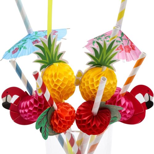100PCS Flamingo Fruit Paper Straws,Disposable Plastic Drinking Straws,Tropical Hawaiian Beach Summer Pool Party Cocktail Decorations - Assorted Colors