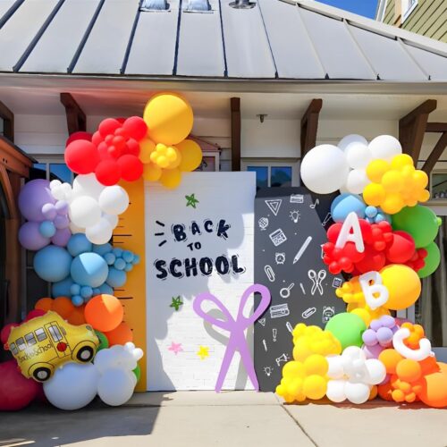 Back to School Balloon Arch Kit, 158Pcs Rainbow Balloon Garland with School Bus Round Foil Balloons and White ABC Letter Balloons for First Day of Kindergarten Teacher Graduation Party Supplies