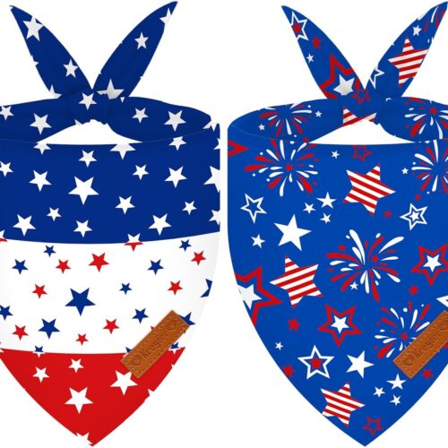 2 Pieces Patriotic Dog Bandanas, Double-Sided Reversible Triangle Scarf, American Flag Stars and Stripes Design, 6th of July and Memorial Day Pet Costume Accessories for Dogs and Cats