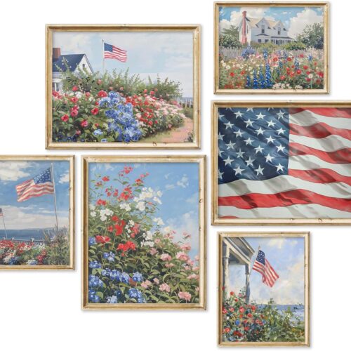 6Pcs Patriotic Canvas Wall Art Prints 4th of July Vintage Coastal Wildflower American Flag Art .39