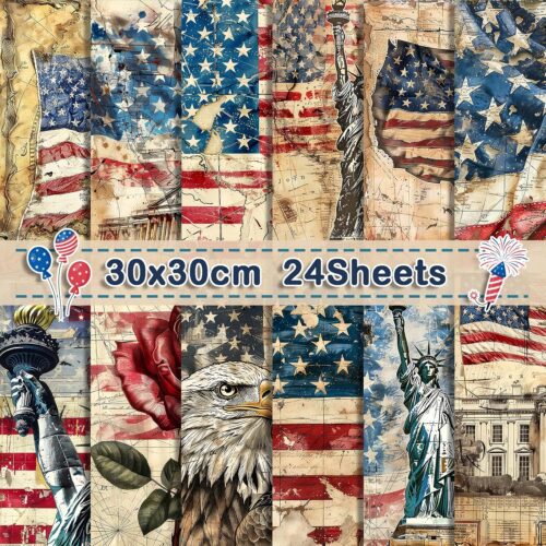 24 Sheets Retro Patriotic Scrapbook Paper, 12'' x 12'' Red Blue Stars Stripes Patterns Decorative Craft Paper Folded Flat for 4th of July Card Making Scrapbook Veteran's Day Photo Album Decor