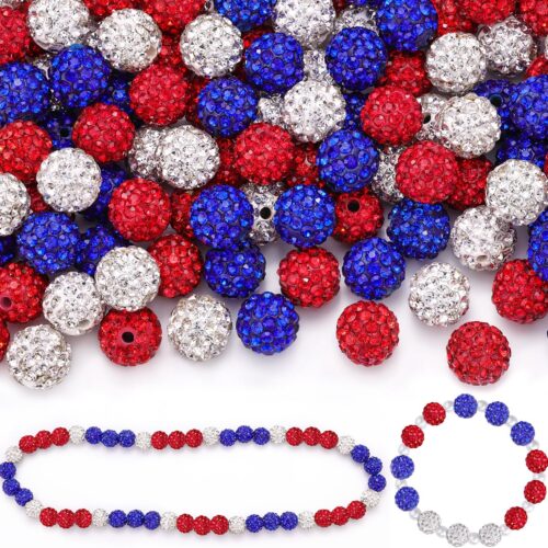 90pcs 10mm Rhinestone Beads for Jewelry Making, Red+White+Dark Blue Shiny Round Shamballa Disco Beads, Sparkle Crystal Clay Christmas for Bracelet Baseball Necklace Earring Crafting and DIY