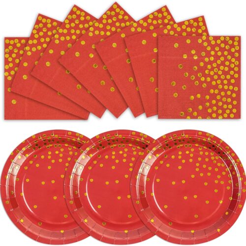 50PCS Red and Gold Birthday Plates and Napkins Party Supplies,25 x 7 Red Gold Foil Decorations Dessert Plates and 25 x 6.5 Napkins for Birthdays New Year Weddings Graduations