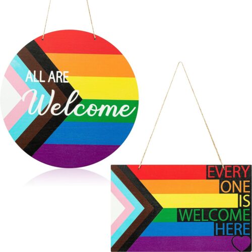 Gay Pride Progress Pride Rainbow Wreath Wooden Hanging Door Sign Decoration - 2Pcs LGBT Wood Door Sign Plaque Gay Pride Day Front Door Wall Porch Wooden Hanging Welcome Decorations Supplies