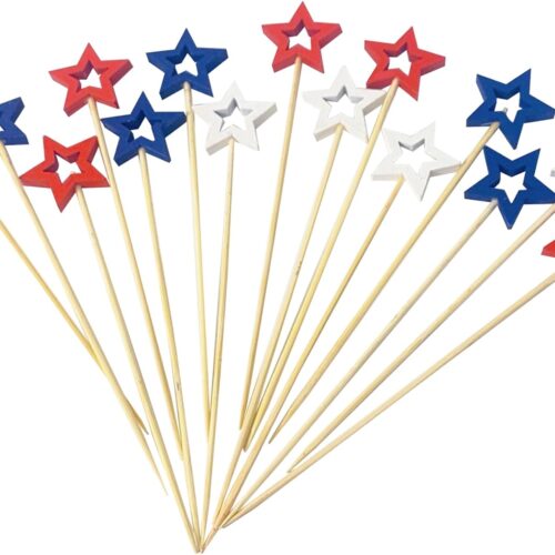 50 Pack Patriotic Star Cocktail Picks，Red White Blue Star Bamboo Tothpicks for Appetizers,4th of July Decor Bamboo Skewer Sticks for Independence Day Decorations Party Supplies