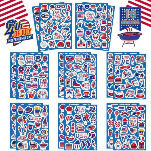 4th of July Patriotic Stickers - 16 Sheets Independence Day USA Face Stickers for Kids & Adults, Memorial & Party Decorations