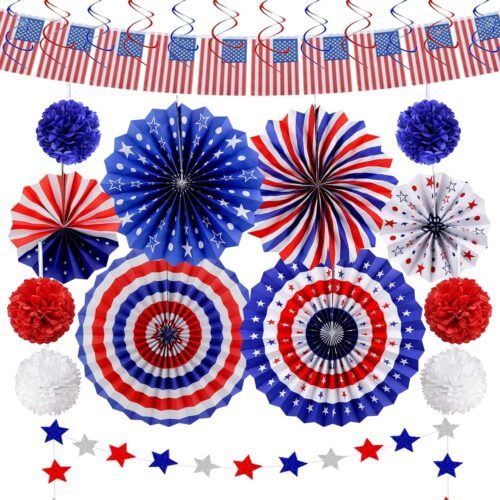 26Pcs 4th of July Decorations Patriotic Decor USA Flag String Red White Blue Paper Fans Star Streamer Pom Poms Hanging Swirls for Memorial Day,Fourth of July,Armed Forces Day,Flag Day