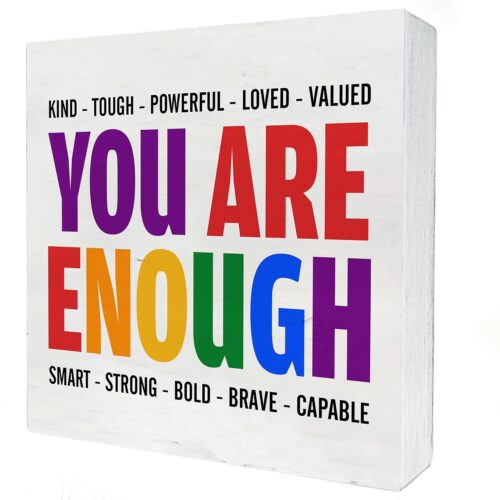 You Are Kind Tough Powerful Enough Wooden Box Sign Desk Decor LGBT Quotes Wood Block Plaque Box Signs Pride Box Sign for Home Shelf Table Decoration (5 X 5 Inch)