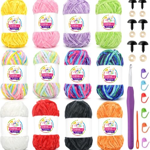 12 Pack Rainbow Velvet Chenille Yarn for Crocheting,Multicolor Fluffy Velvet Plush Yarn Thick Soft Chunky Chenille Yarn Baby Blanket Yarn for Crocheting Knitting Beginners（Multicolor 01）
