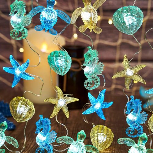 Nautical Theme Ocean Décor Beach Decorative String Lights Outdoor Seahorse Sea Turtle Starfish Shell Cute Marine Life Novelty Night Lights 30LED 10ft Battery Operated