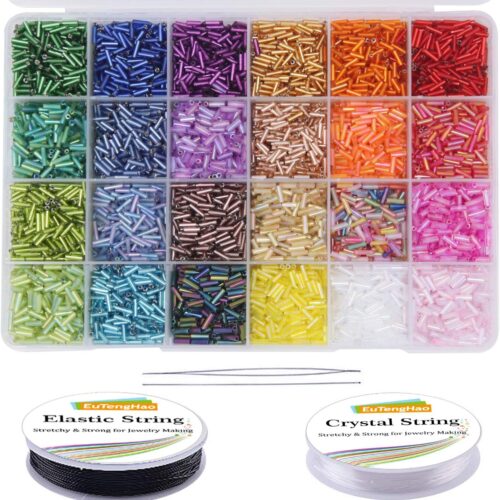 9600pcs Tube Beads Kit Glass Bugle Seed Beads Small Craft Beads for DIY Bracelet Necklaces Crafting Jewelry Making Supplies with Two Crystal String (7mm, 400 Per Color, 24 Colors)