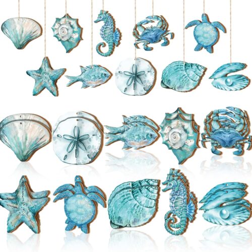 30 Pcs Summer Ocean Animals Ornaments Summer Ornaments for Tree Wooden Beach Hanging Ornaments Ocean Themed Ornaments with String Wooden Slices Summer Decor for Home Small Tree Party