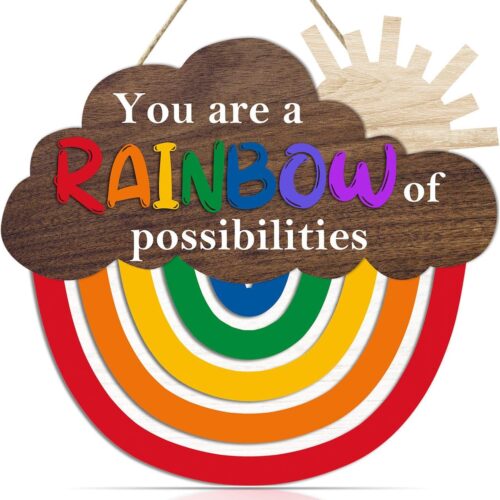 Rainbow Wooden Sign, 12.2x11.5 inch Inspirational Quote Hanger, Colorful Decorative Hanging Sign for Nursery, Playroom, Classroom, School Decor