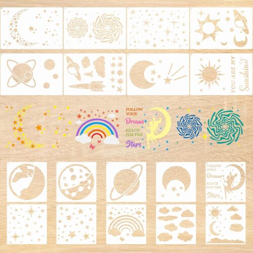 18 Pieces Moon and Star Stencil for Painting Reusable Rainbow Clouds Universe Star Planet Stencil Template for Wood Wall Notebook Card DIY Drawing Painting Craft Project