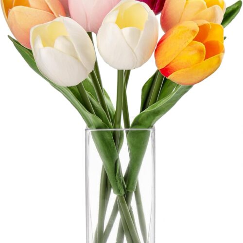 Fake Flowers Artificial Tulip Flower in Clear Vase, Multi Color Real Touch Foam Tulip Arrangement Suitable for Home Office Decoration, Dining Table Centerpiece