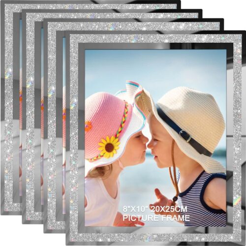 8x10 Picture Frames Set of 4, Glitter Photo Frame for Tabletop, Sliver Gifts Glass Picture Frame, Horizontally or Vertically