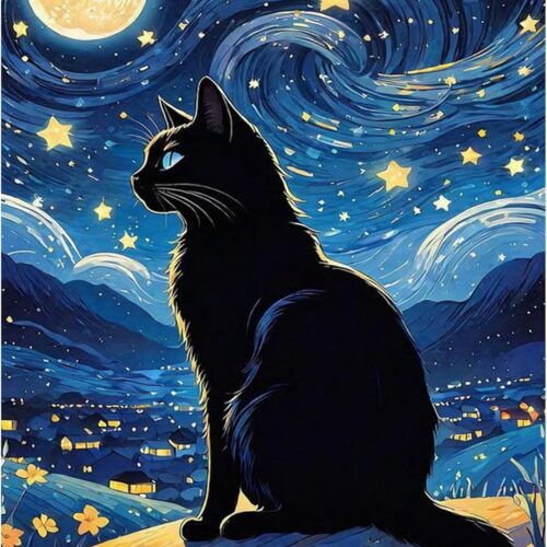 Black Cat Paint by Numbers Kit for Adults Beginner, Cat Adult Paint by Number Kits on Canvas Without Frame, Starry Night Oil Painting by Numbers for Home Decor Gift 16” W x 20”L