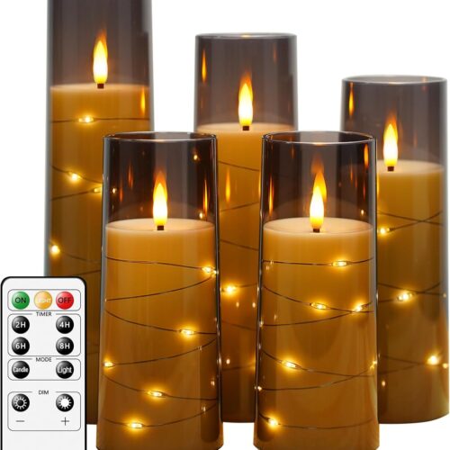 Flameless LED Candles with Timer 5 Pc Flickering Flameless Candles for Romantic Ambiance and Home Decoration Stable Acrylic Shell,with Embedded Star String，Battery Operated Candles（Grey）