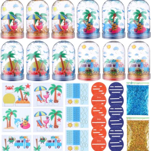 12 Set Summer Snow Globe Craft Kit for Kids Make Your Own Snowball Summer Bunny Umbrella Bee Glitter Plastic DIY Snow Globe Making Kit for Home Activities