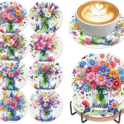 Diamond Art Coasters Kit - 8 Pieces Flowers Diamond Painting Coasters, DIY Diamond Art Kits for Adults Coasters, Diamond Round Dot Crafts Kits for Beginners