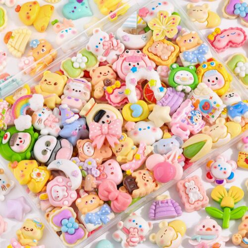 60Pcs Mixed Colors Slime Charms Assorted Cute Decoden Embellishments, Kawaii Slime Accessories,Candy Heart Bear Bulk Flatback Resin Charm for Phone Junk Cases,Scrapbooking Crafting & DIY Decoration
