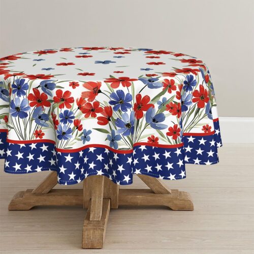 4th of July Tablecloth 70x70 Inch Round, Patriotic Watercolor Poppy Flowers Independence Day Memorial Day Table Cover for Party Picnic Dinner Decor
