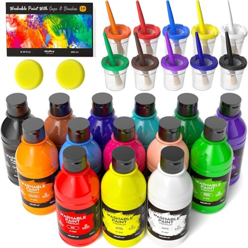 14 Colors Large Washable Paint for Kids 8.45oz/250ml, Non Toxic Children Tempera Finger Paints with Paint Brushes, Cups and Sponge for Art, Poster, School, Classroom, Craft DIY, Children