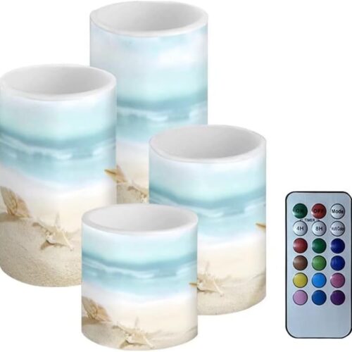 Beach Starfish Seashell Flameless LED Battery Candles 4 Pieces Pillar Fake Candles with Colored Light 4H 8H Timer Remote for Wedding Beach Party Decor