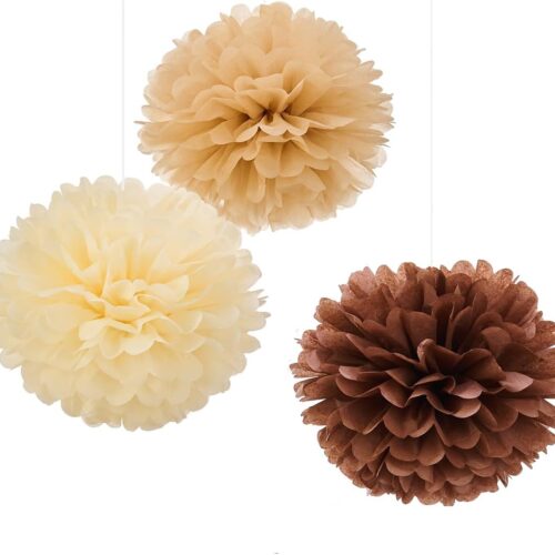Tissue Pom Poms Tissue Paper Flowers Tissue Fluff Balls Party Decorations 12-Inch Pack of 12 (Brown, Khaki, Ivory)