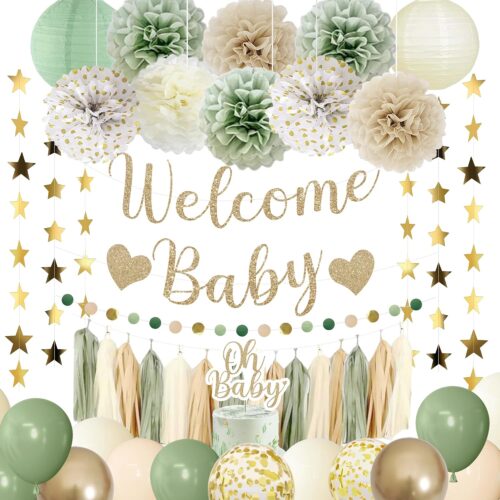 Baby Shower Decorations Sage Green Balloons Welcome Baby Banner, Cake Topper, Paper Lanterns, Pom Poms Flowers Tassels, Circle Dots Star Garland, Neutral Gender Reveal Birthday Party Supplies