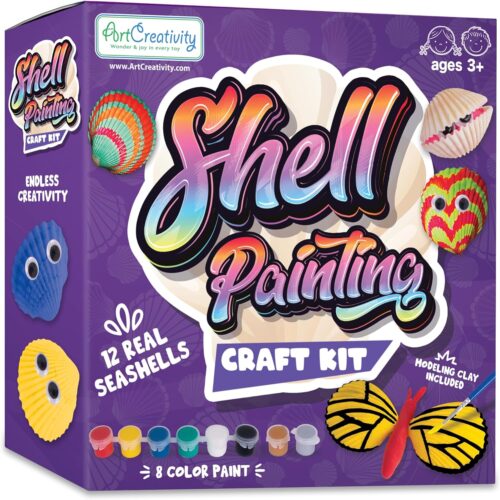 Seashell Painting Kit for Kids - Sea Shell Craft Kit with 12 Real Seashells, 8 Paint Pots, 2 Glitter Paint Tubes, Air Dry Clay, and More - Summer Arts and Crafts Kits for Girls Ages 4-12