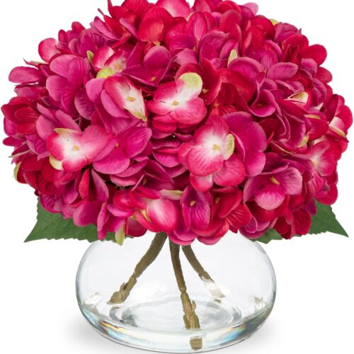 Hydrangea Artificial Flowers with Glass Vase Fuchsia Silk Faux Flowers Arrangements in Vase with Faux Water Fake Floral Bulk Bouquet for Home Decor Table Centerpiece Decorations
